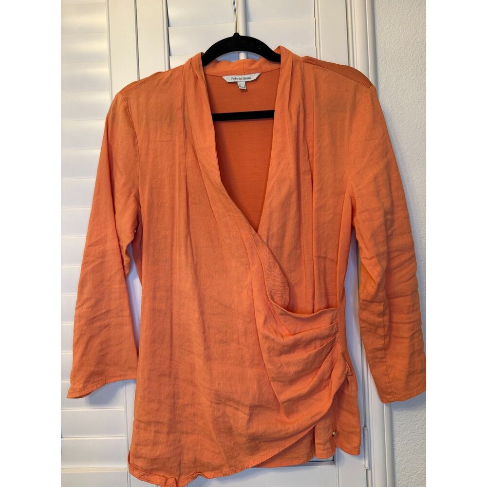 Pedro del Hierro Orange Linen Draped Wrap Blouse Top Size Large Spain Luxury